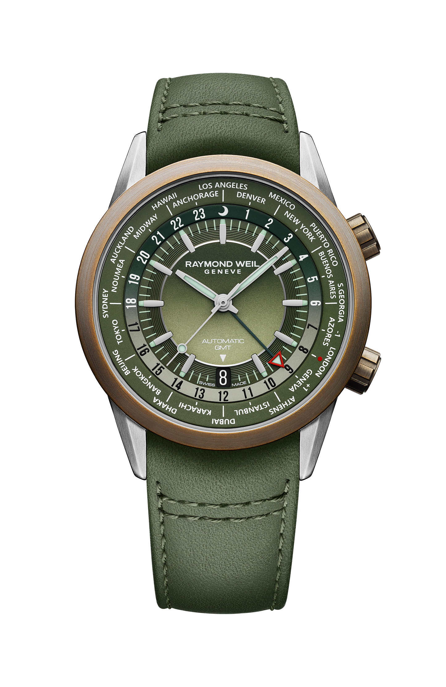 Freelancer Men's GMT Worldtimer Green Leather Automatic Watch, 41 mm