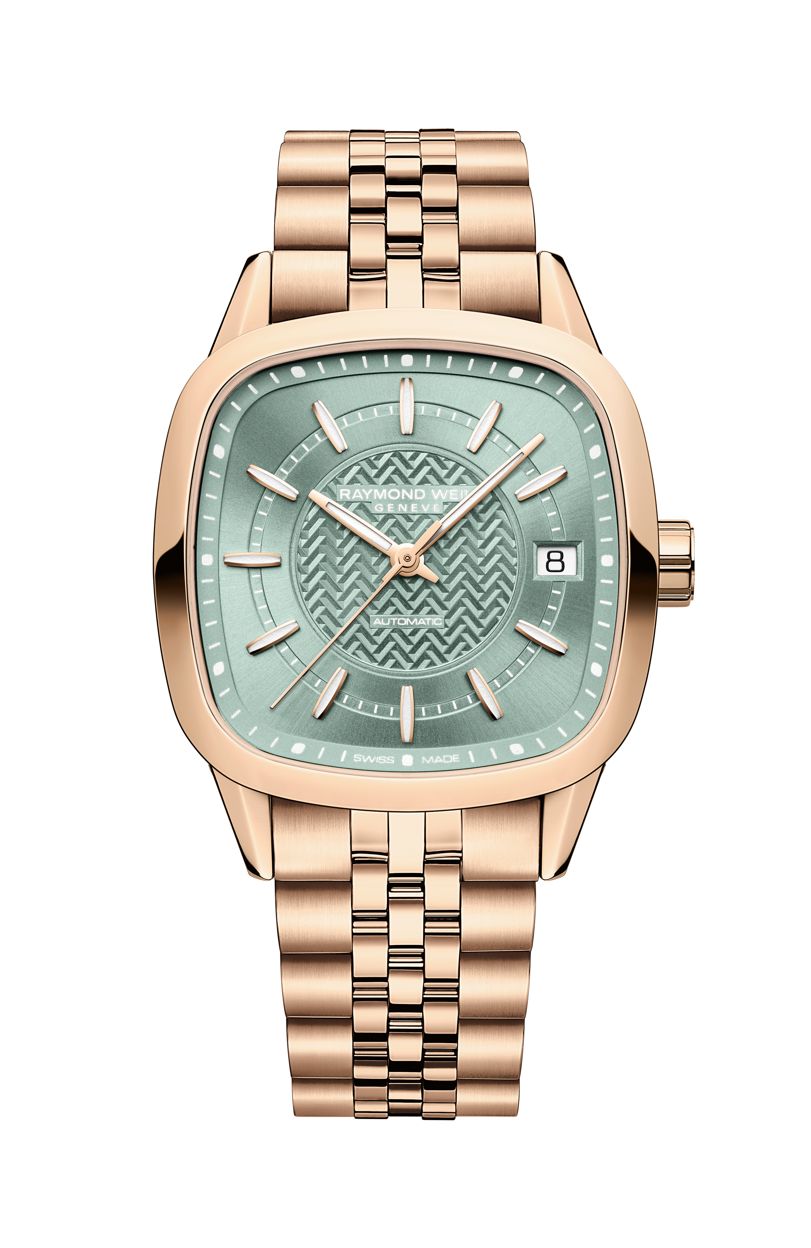 自由骑士系列 女士自动腕表 绿色表盘 金属表链 枕形表壳，34 x 34 毫米