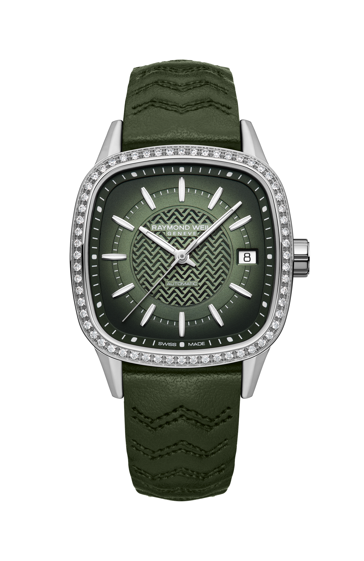 Freelancer Ladies Automatic Green Dial Leather Cushion Shape Watch, 34 x 34 mm