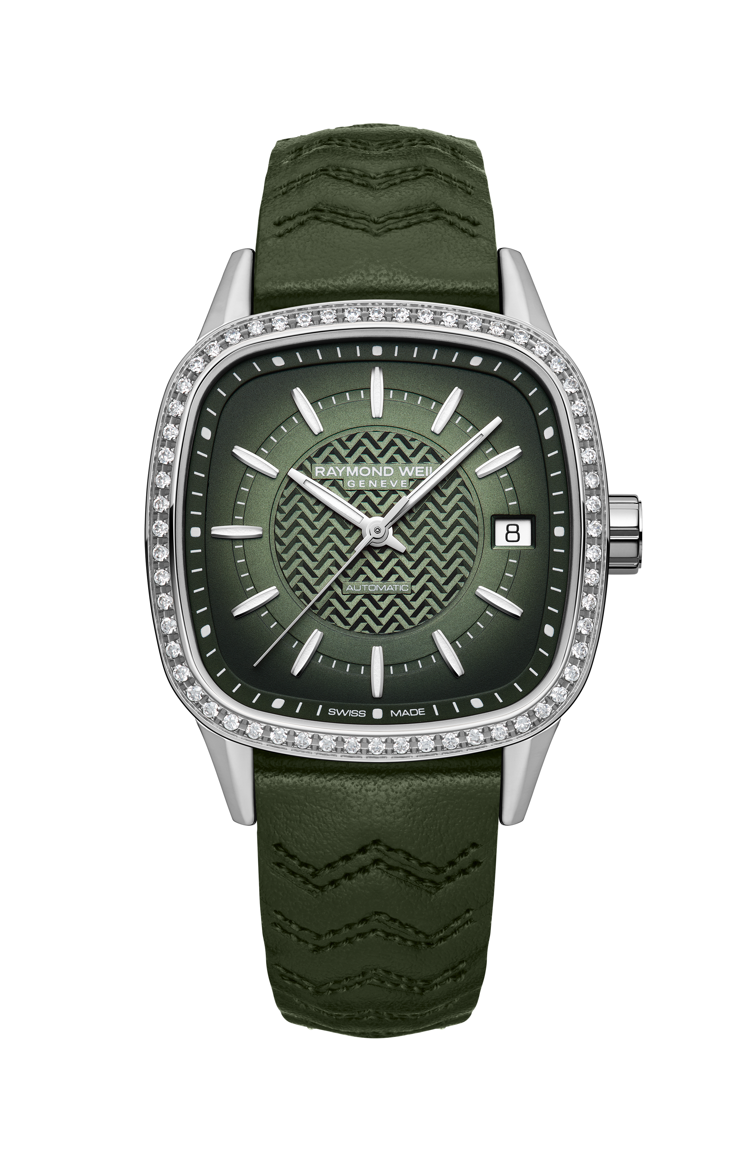 Freelancer Ladies Automatic Green Dial Leather Cushion Shape Watch, 34 x 34 mm
