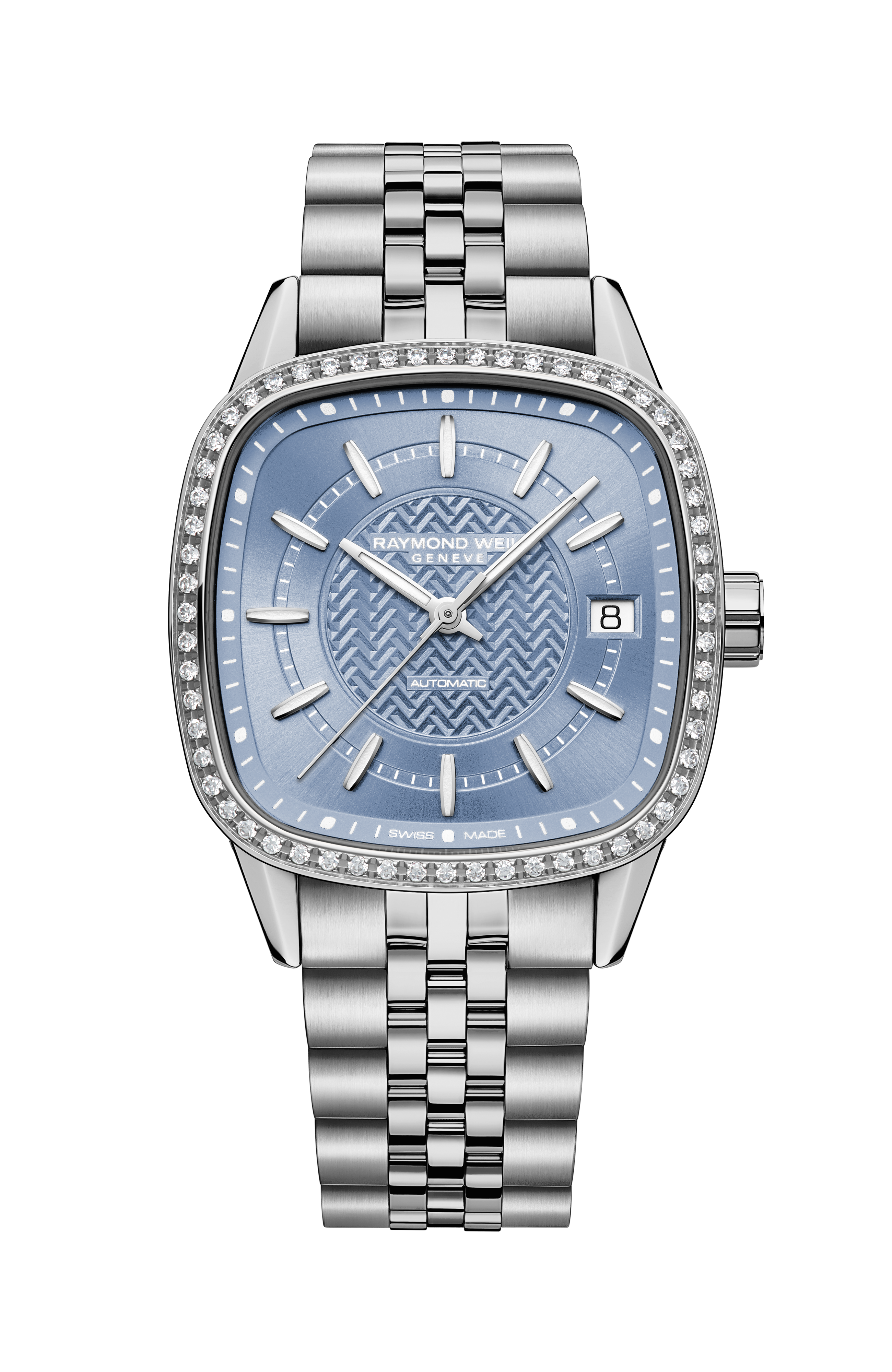 自由骑士系列 女士自动腕表冰蓝色表盘 金属表链 枕形表壳，34 x 34 毫米