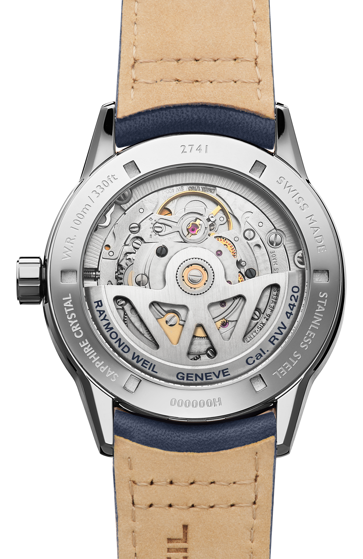 Montre automatique en acier inoxydable à cadran blanc et bracelet cuir, 40 mm