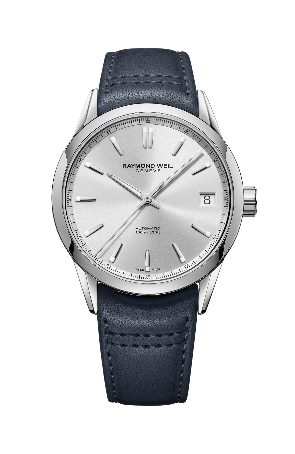 Montre automatique en acier inoxydable à cadran blanc et bracelet cuir, 40 mm