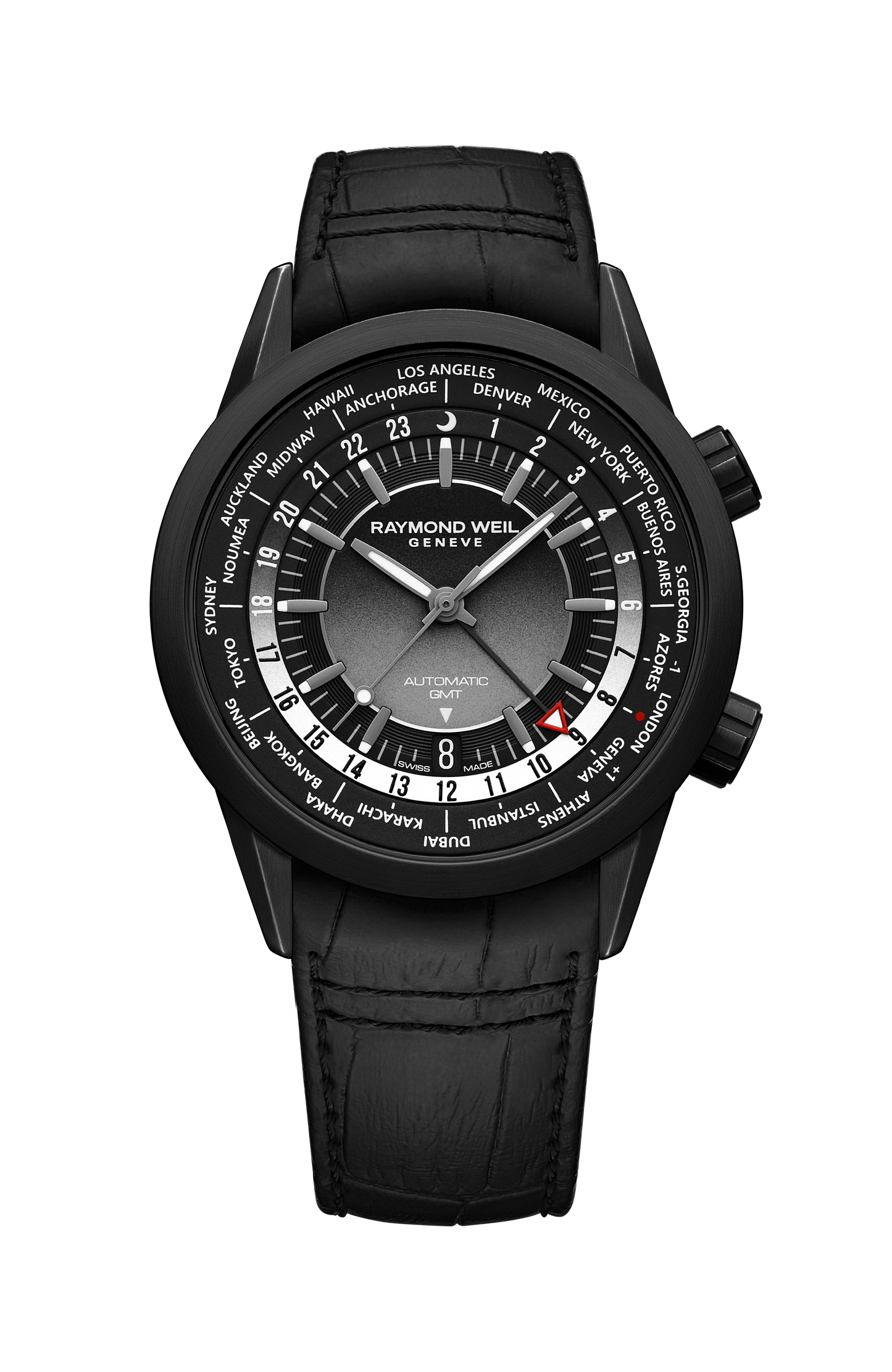 Freelancer Men's GMT Worldtimer Black Leather Automatic Watch, 41 mm