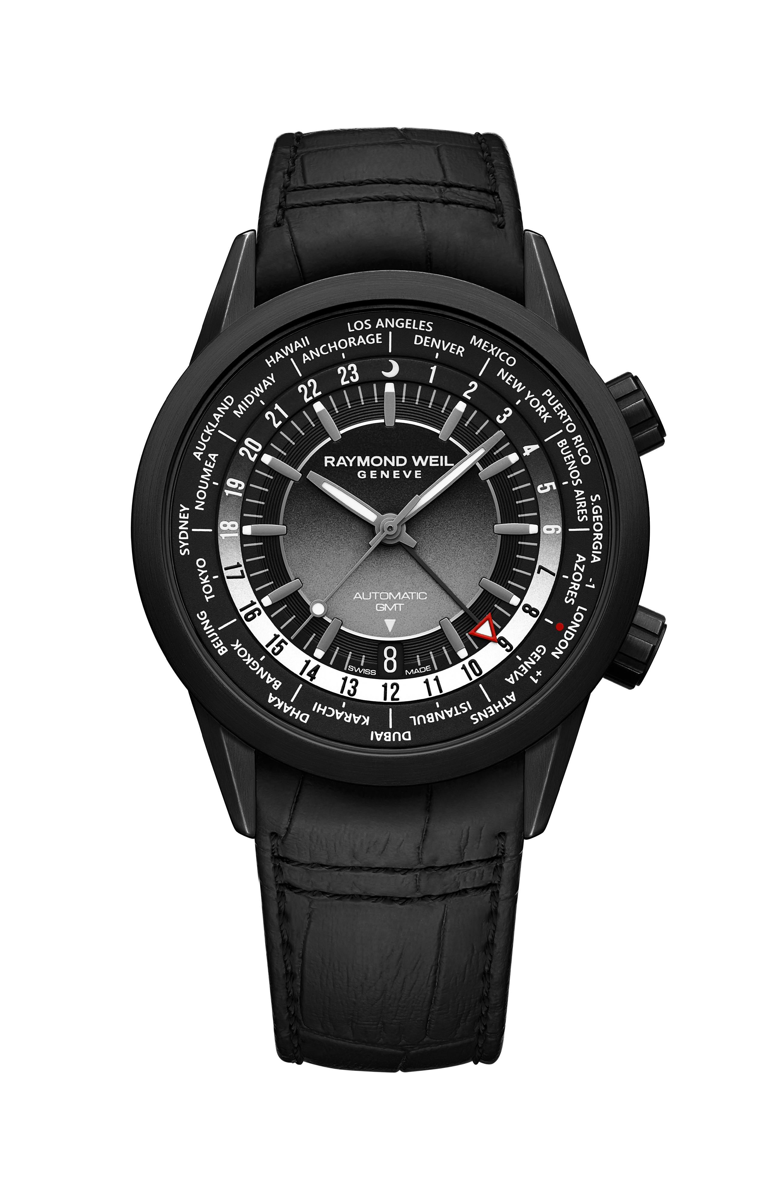 Freelancer Men's GMT Worldtimer Black Leather Automatic Watch, 41 mm