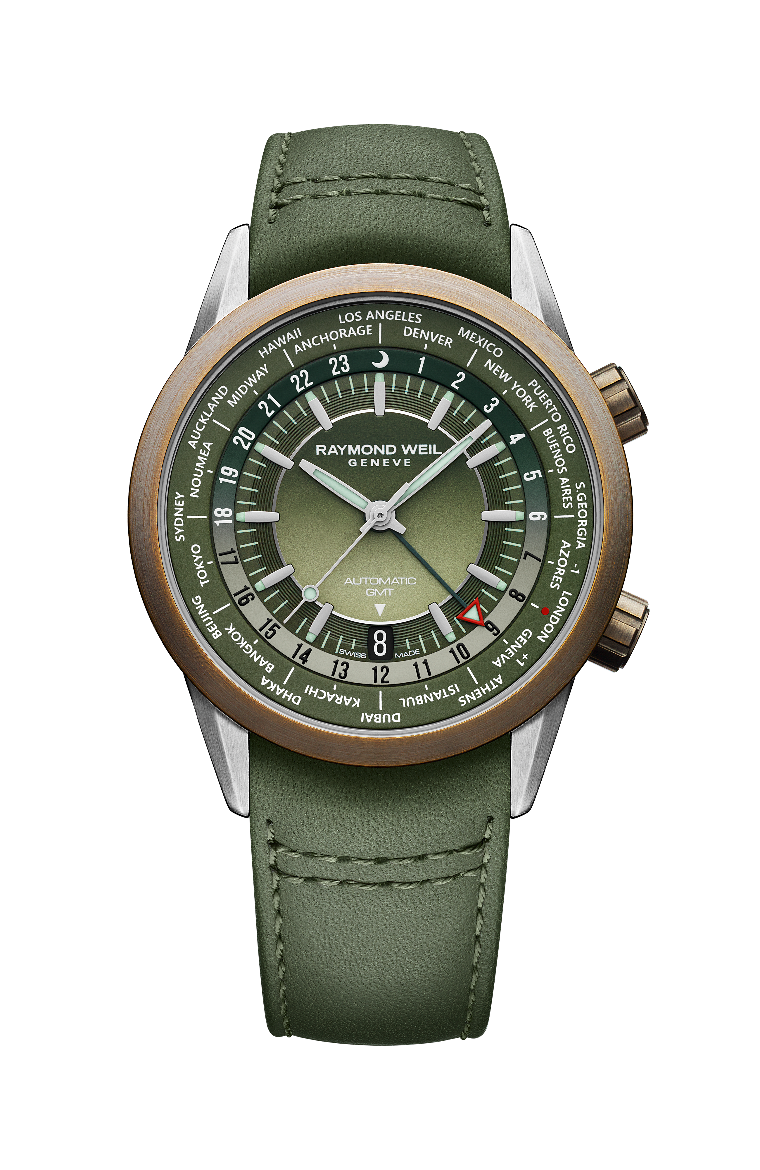 Freelancer Men's GMT Worldtimer Green Leather Automatic Watch, 41 mm
