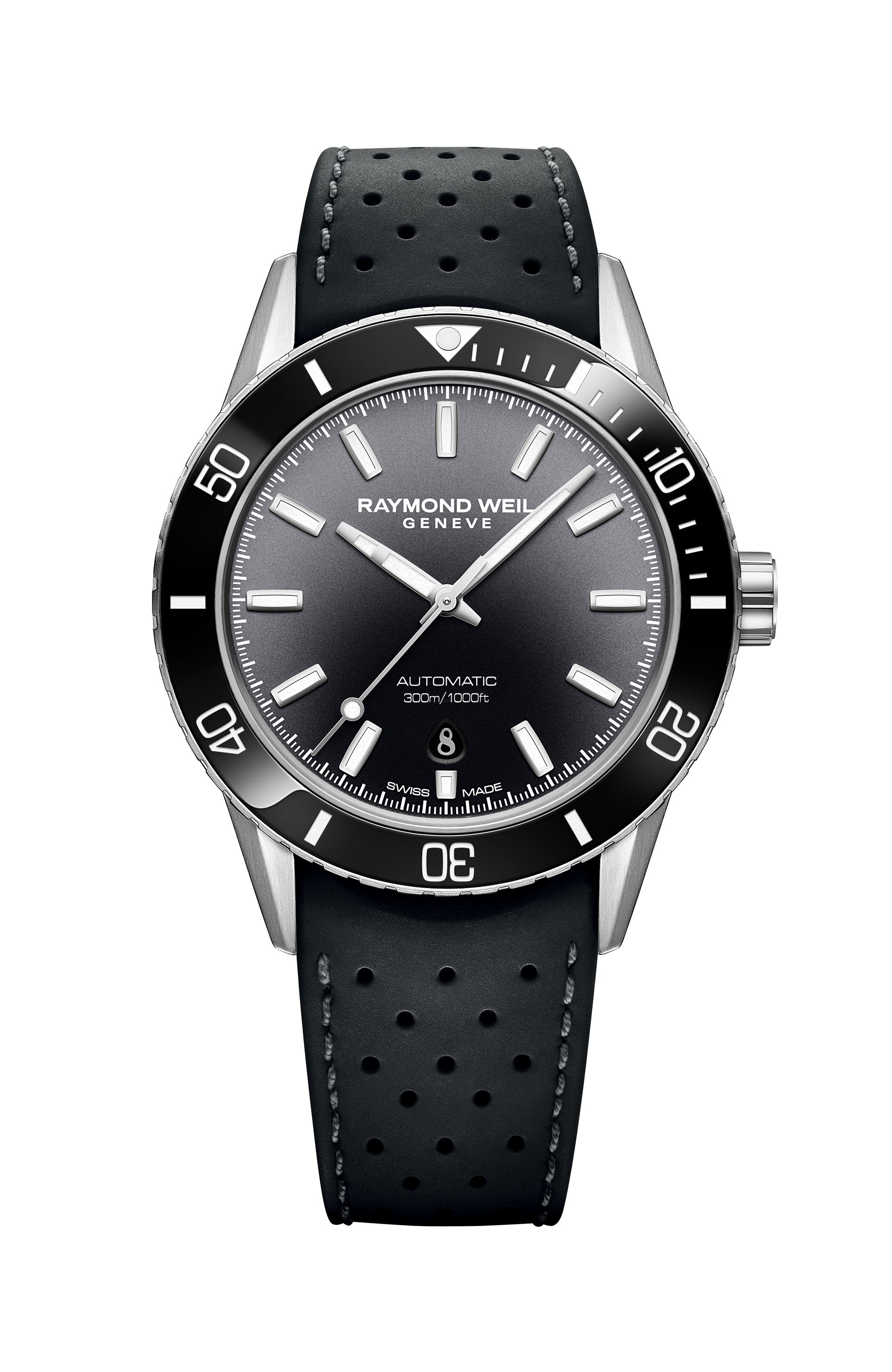 Black Dial Automatic Diving Watch With Black Genuine Rubber