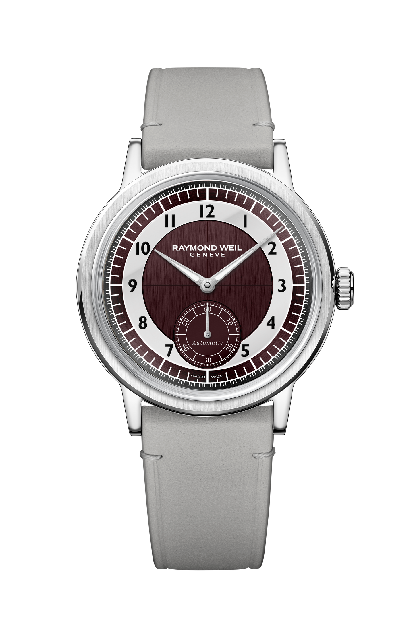 Montre Millesime automatique petite seconde cadran tuxedo lie-de-vin et gris clair pour homme, 39 mm