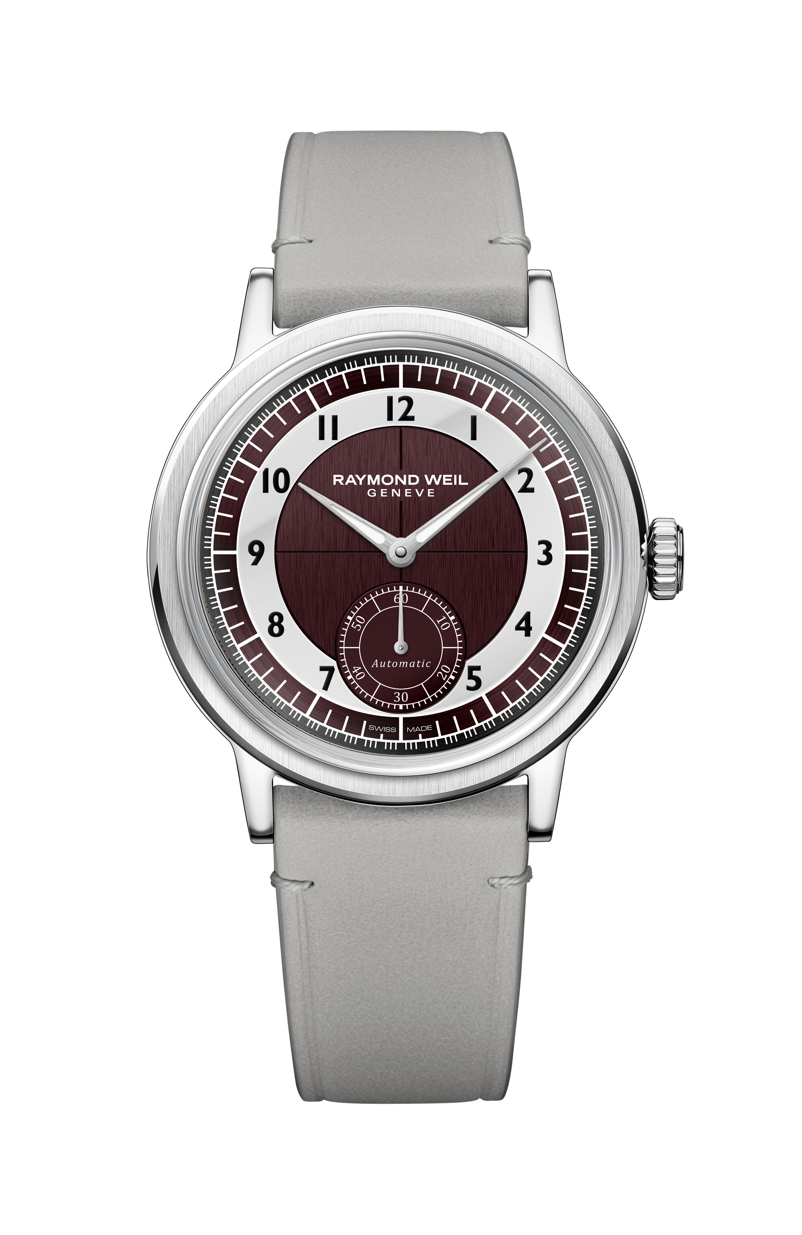 Montre Millesime automatique petite seconde cadran tuxedo lie-de-vin et gris clair pour homme, 39 mm