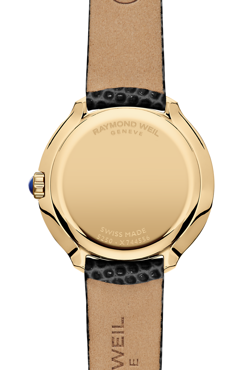 Toccata Heritage Quarzuhr für Damen mit Gelbgold-PVD, weißem Perlmuttzifferblatt und Lederarmband, 28 mm