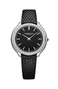 Montre Toccata Heritage pour femme avec diamants, cadran noir, bracelet en cuir, quartz, 28 mm