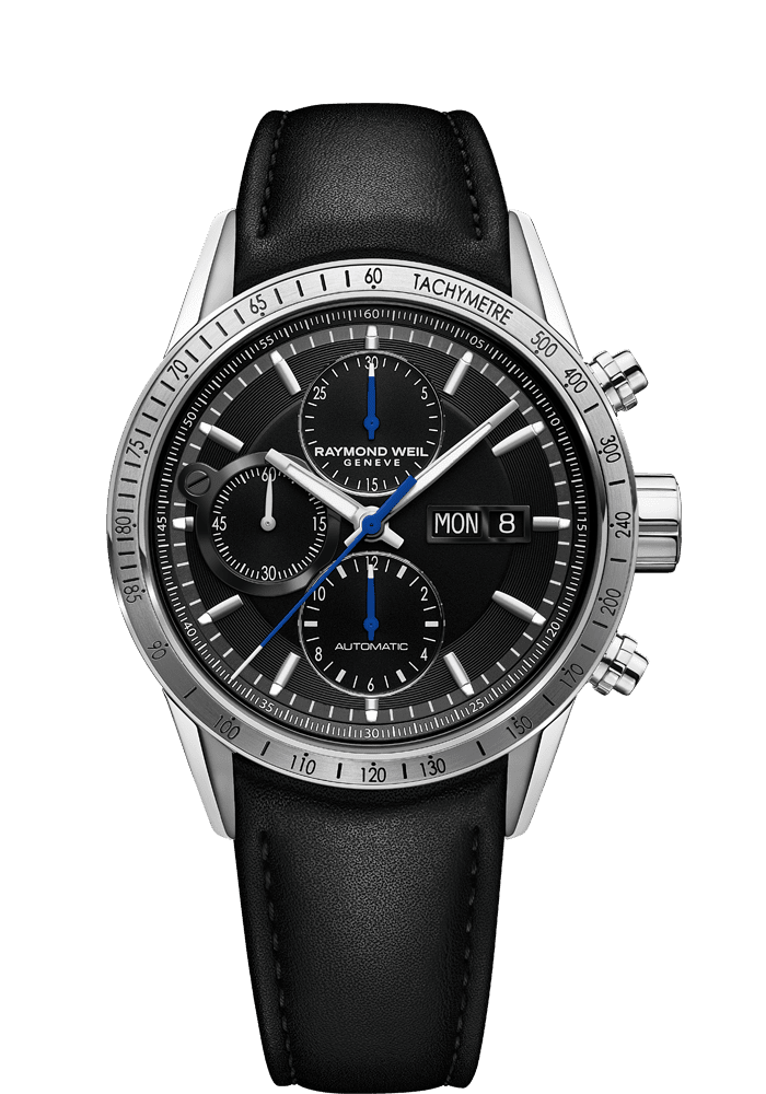 7731 chronograph black leather watch freelancer raymond weil