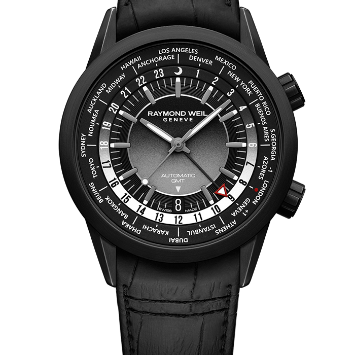 GMT Worldtimer Black Leather Watch Freelancer RAYMOND WEIL